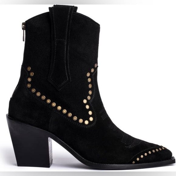 NIB Zadig & Voltaire Cara High Suede Studded Western Cowboy Boots Black Sz 41 - Picture 2 of 16
